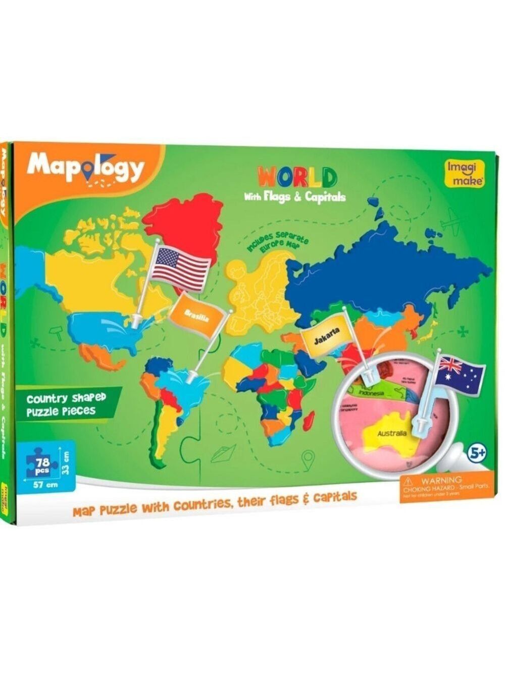 Mapology World Jigsaw Puzzle 78 Country Shaped Pieces with Flags Capitals Age 5+